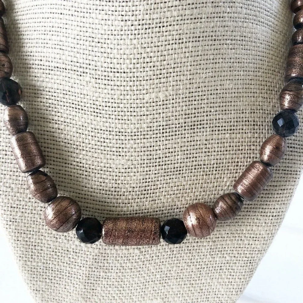 NWT Genuine 24K Gold Foil Murano Glass & Czech Crystal Bead Necklace Gold Black